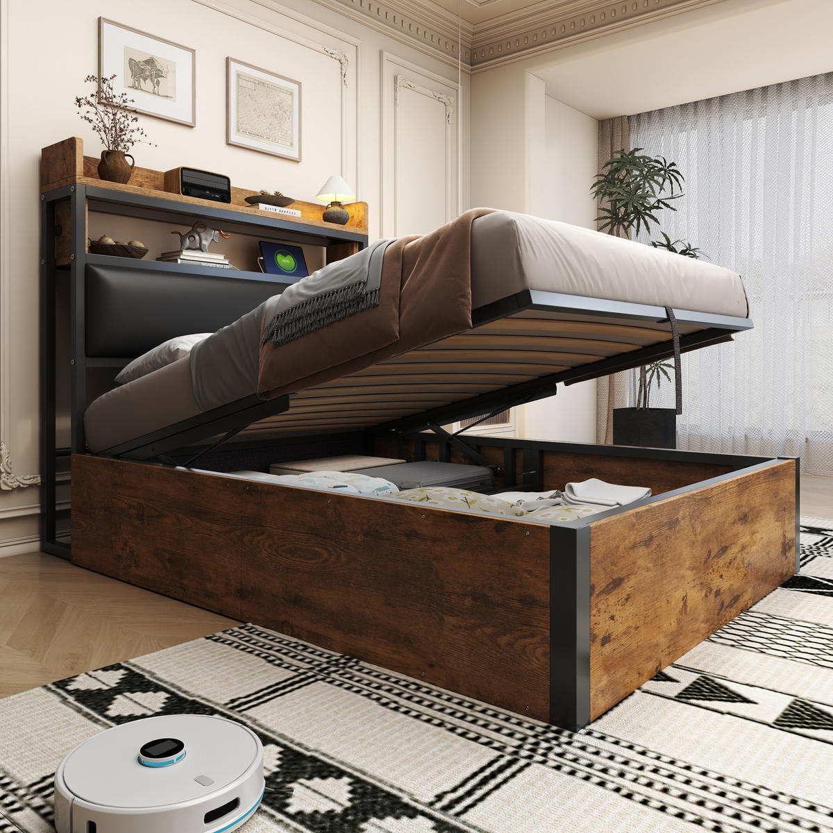 POLSTERBETT 90/200 cm in Schwarz mit Stauraum, USB und Regal - Schwarz, Holzwerkstoff/Textil (90/200cm) - WISHDOR