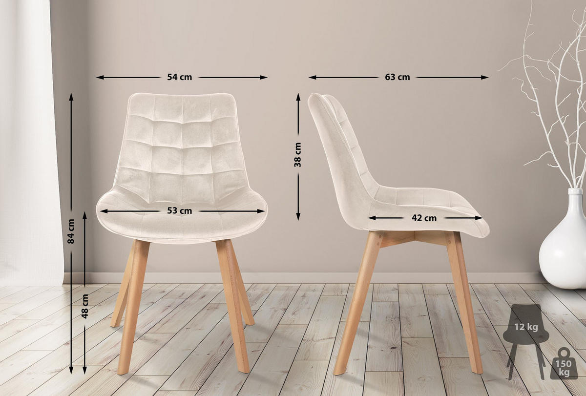 STUHL Samt creme - Eukalyptusholzfarben/Creme, Holz/Textil (54/84/63cm) - CLP