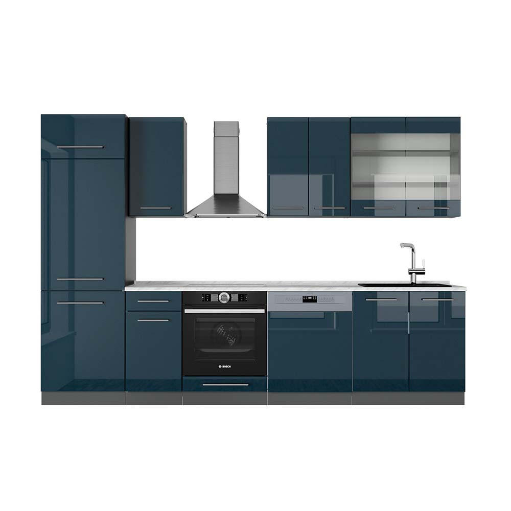 KÜCHENZEILE Fame-Line Dunkelblau Hochglanz/Anthrazit 300 cm, AP Marmor - Anthrazit/Dunkelblau, Holzwerkstoff (300/81.6/60cm) - Vicco