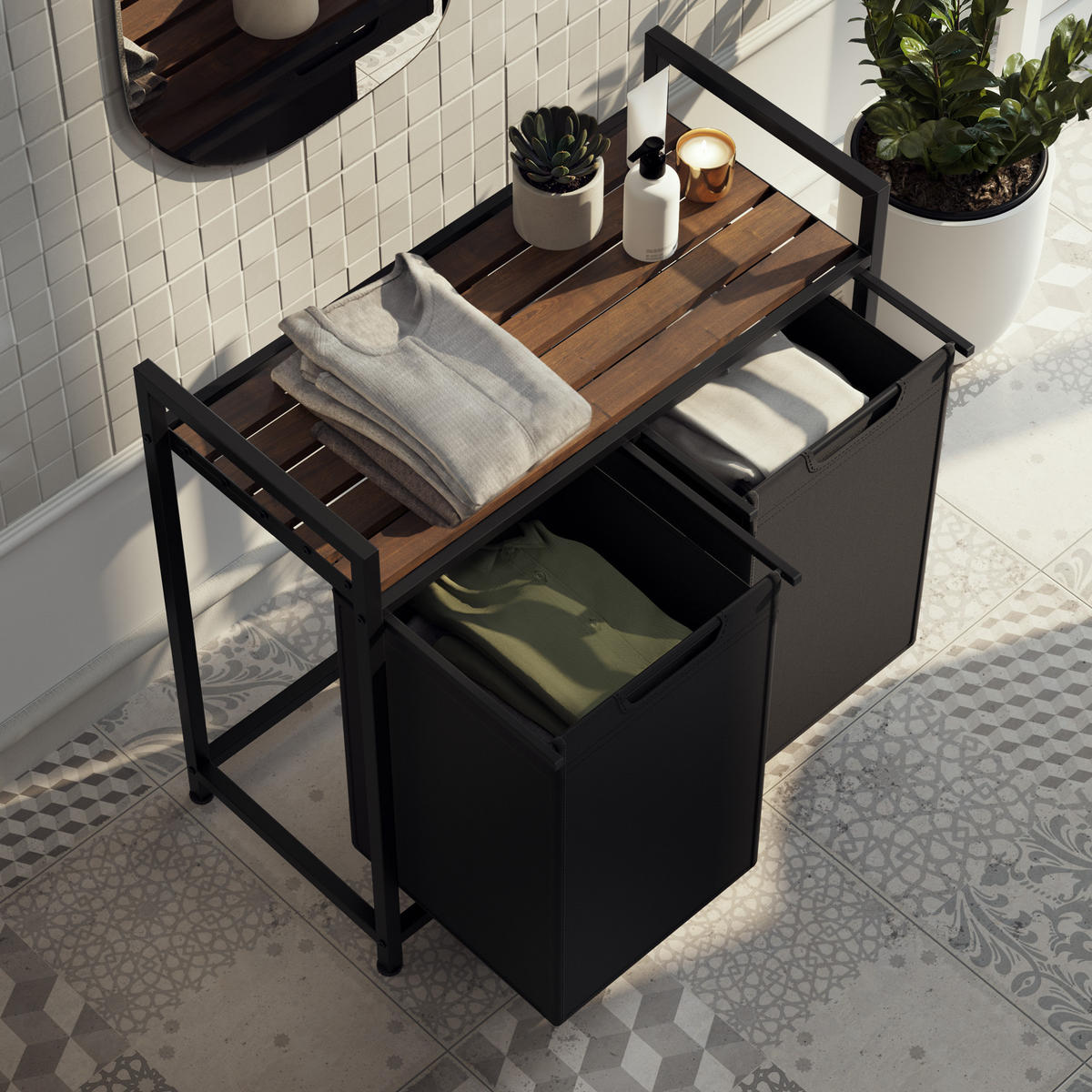 WÄSCHESORTIERER, höhenverstellbare Kunststofffüße,schwarz/braun - Schwarz/Braun, Metall (74/72/34cm) - tectake