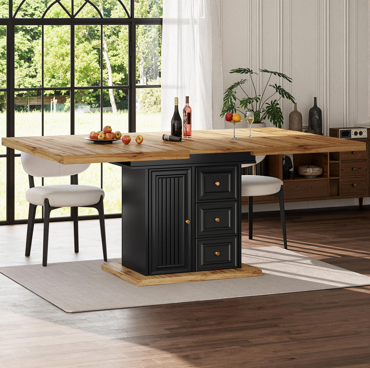 ESSTISCH 110-140x80x75 cm in Natur und Schwarz aus MDF in Holzoptik ausziehbar - Naturfarben, Holzwerkstoff (140/80/75cm) - Modfu