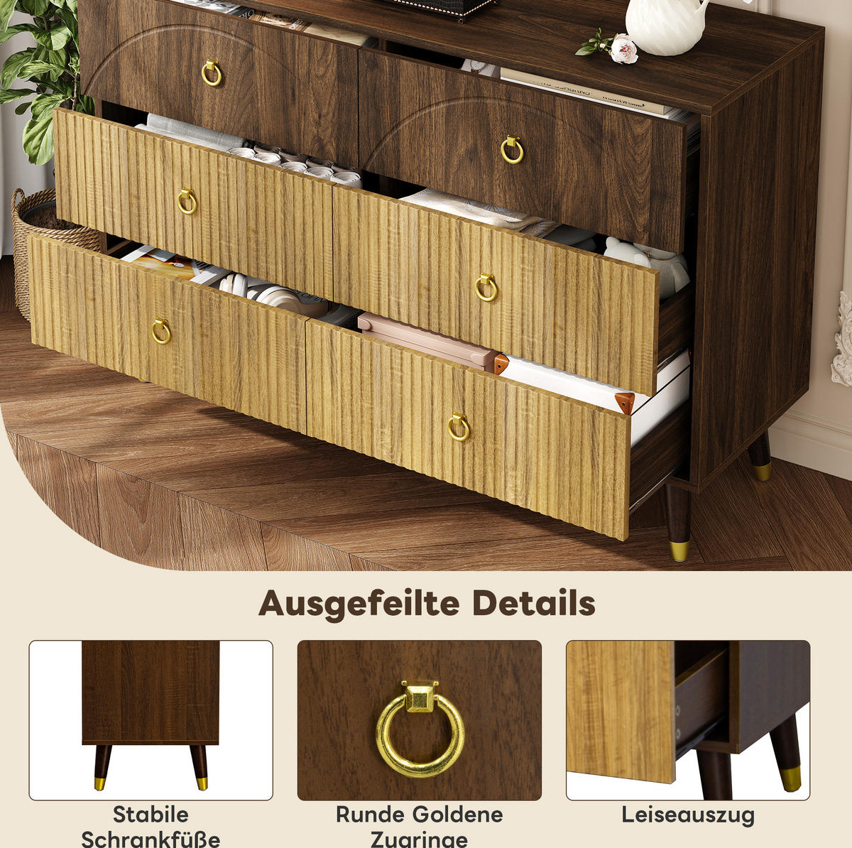 KOMODA 120/40/81 cm s 6 predali, dvobarvnim retro videzom in MDF konstrukcijo, Naravna - naravne barve, leseni material (120/81/40cm) - Redom