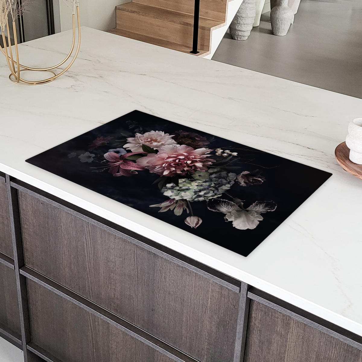 HERDABDECKPLATTE Blumen - Vintage - Pastell - Rosa - Weiß 91x52 cm - Altrosa, Kunststoff (91.2/0.2/52cm) - MuchoWow