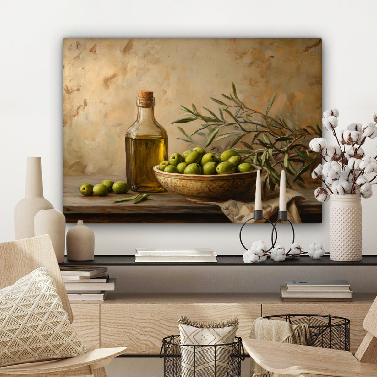 LEINWANDBILD Oliven - Stilleben - Vintage Wandbilder 80x60 cm - Olivgrün, Textil (80/60cm) - MuchoWow