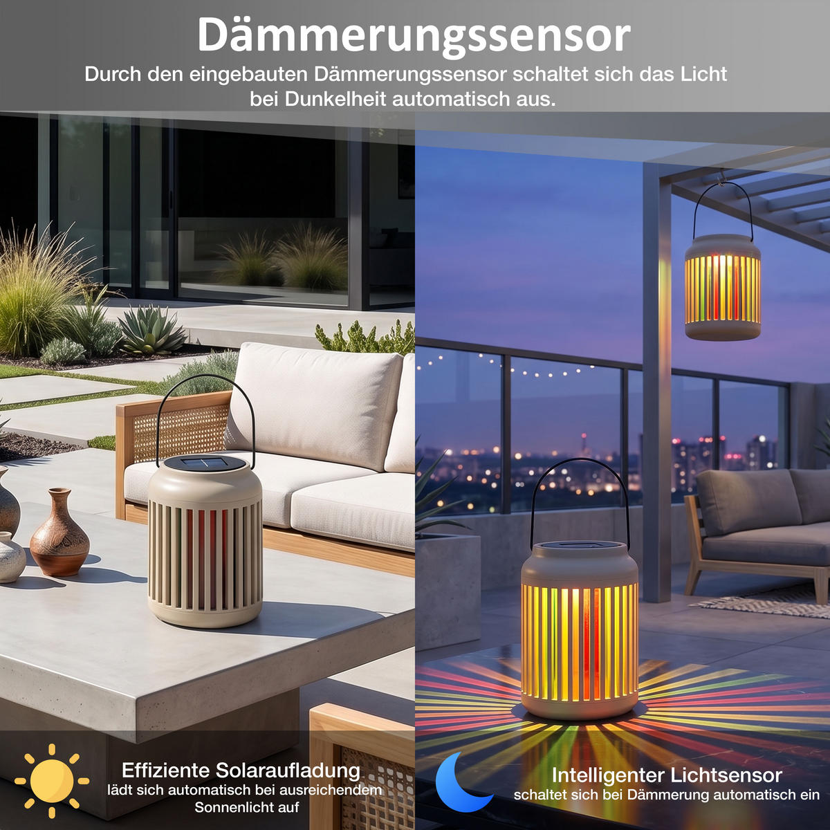 LED-GARTENLEUCHTE Solarleuchte 2er-Set mit Regenbogeneffekt Dämmerungssensor IP44 wetterfest mit Aufhängung tragbar warmweiß 3000K - Beige, Kunststoff (12/12/25cm) - Northpoint