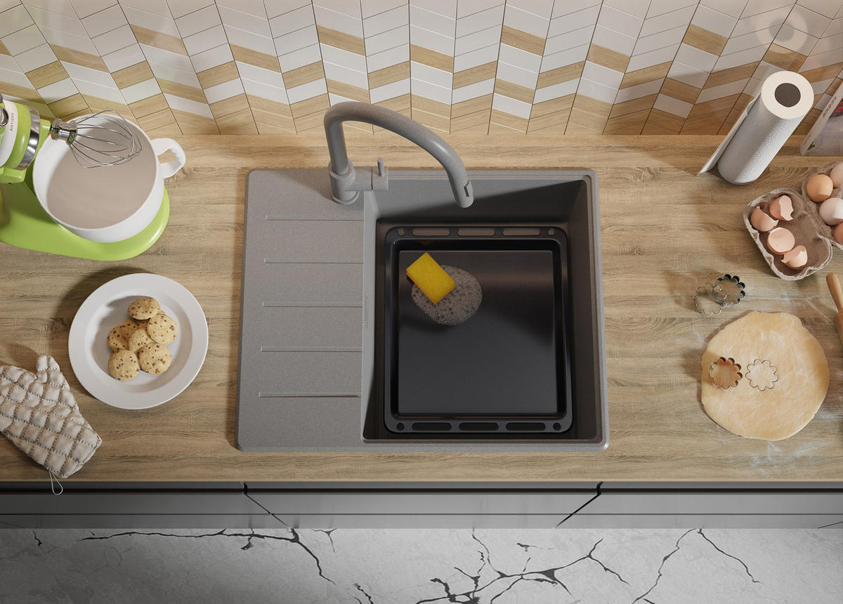 SPÜLBECKEN Kopenhagen, 2-er set Grau 62/50 cm 1 Becken + Ablauf-Set + Schneidebrett ab 50er Unterschrank - Beige/Grau, Kunststoff (62/20/50cm) - Primagran