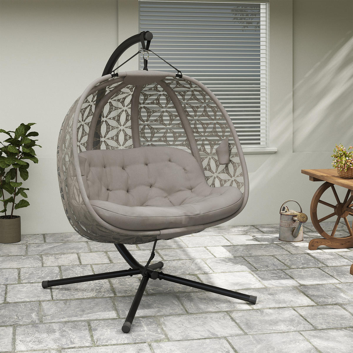 HÄNGESESSEL Mit Gestell DE-07068 mit Becherhaltern, Sicherheitsgurt - Sandfarben, Metall (126/176/126cm) - ComfortXL