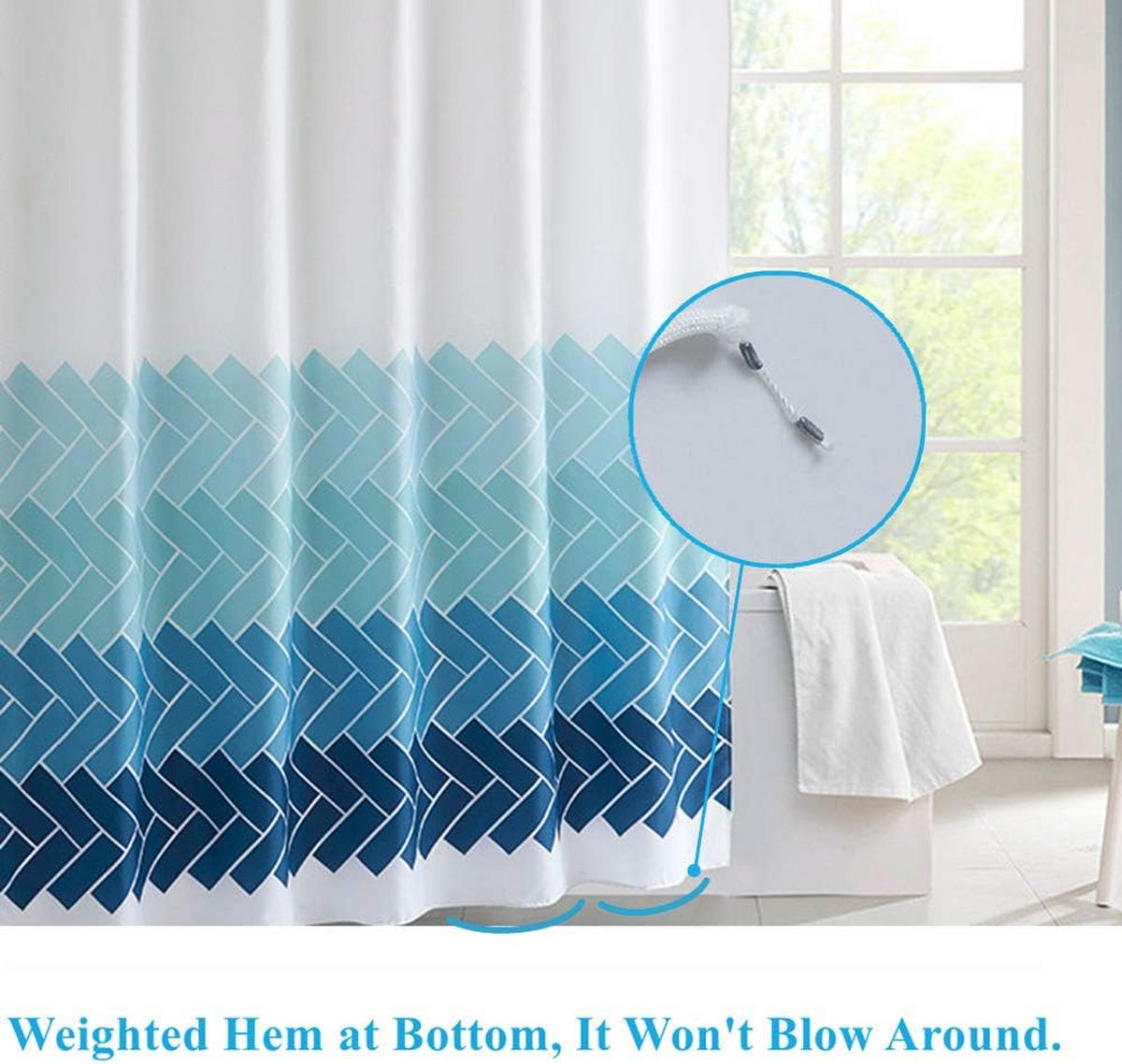 DUSCHVORHANG Blau Stoff Polyester wasserdicht schimmelresistent mit Ringen Haken Streifen geometrisch 120 x 200 cm - Blau, Textil (120/200cm) - MCBOSON