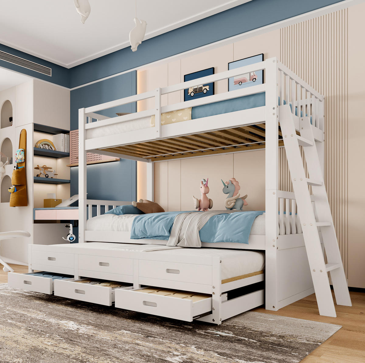 ETAGENBETT 90/200 cm aus Kiefern und MDF mit Ausziehbett und 3 Schubladen, Weiß - Weiß, Holzwerkstoff (90/200cm) - Redom