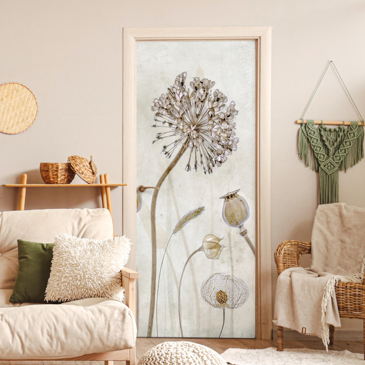 TÜRAUFKLEBER Selbstklebend - Blumen - Aquarell - Stilleben - Braun - Vintage 95x215 cm - Türtapete - Ecru, Kunststoff (95/0.1cm) - MuchoWow
