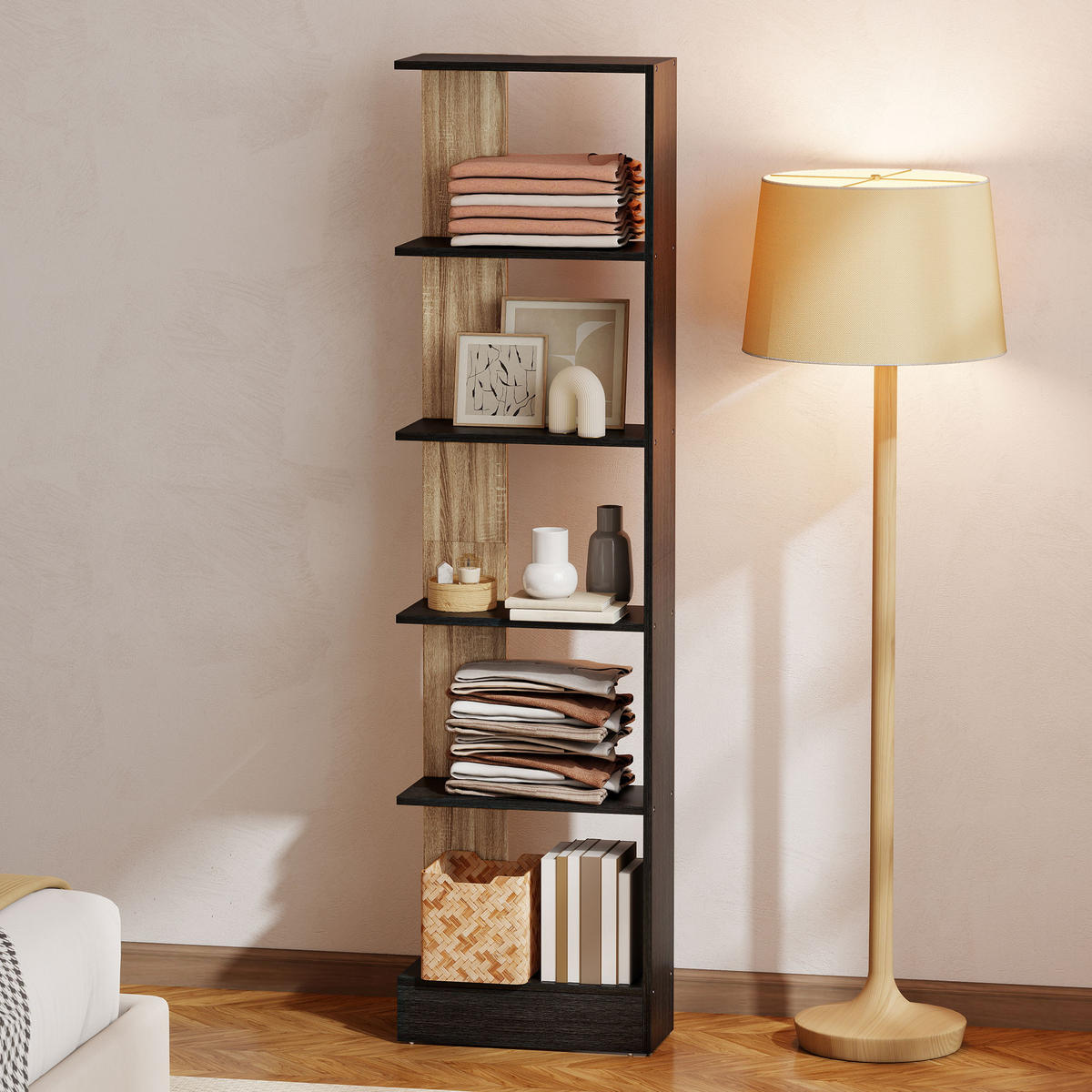 REGAL DE-15565 45/21/170 cm, 5 offene Fächer Schwarz/Eiche - Schwarz, Holzwerkstoff (21/170/45cm) - ComfortXL