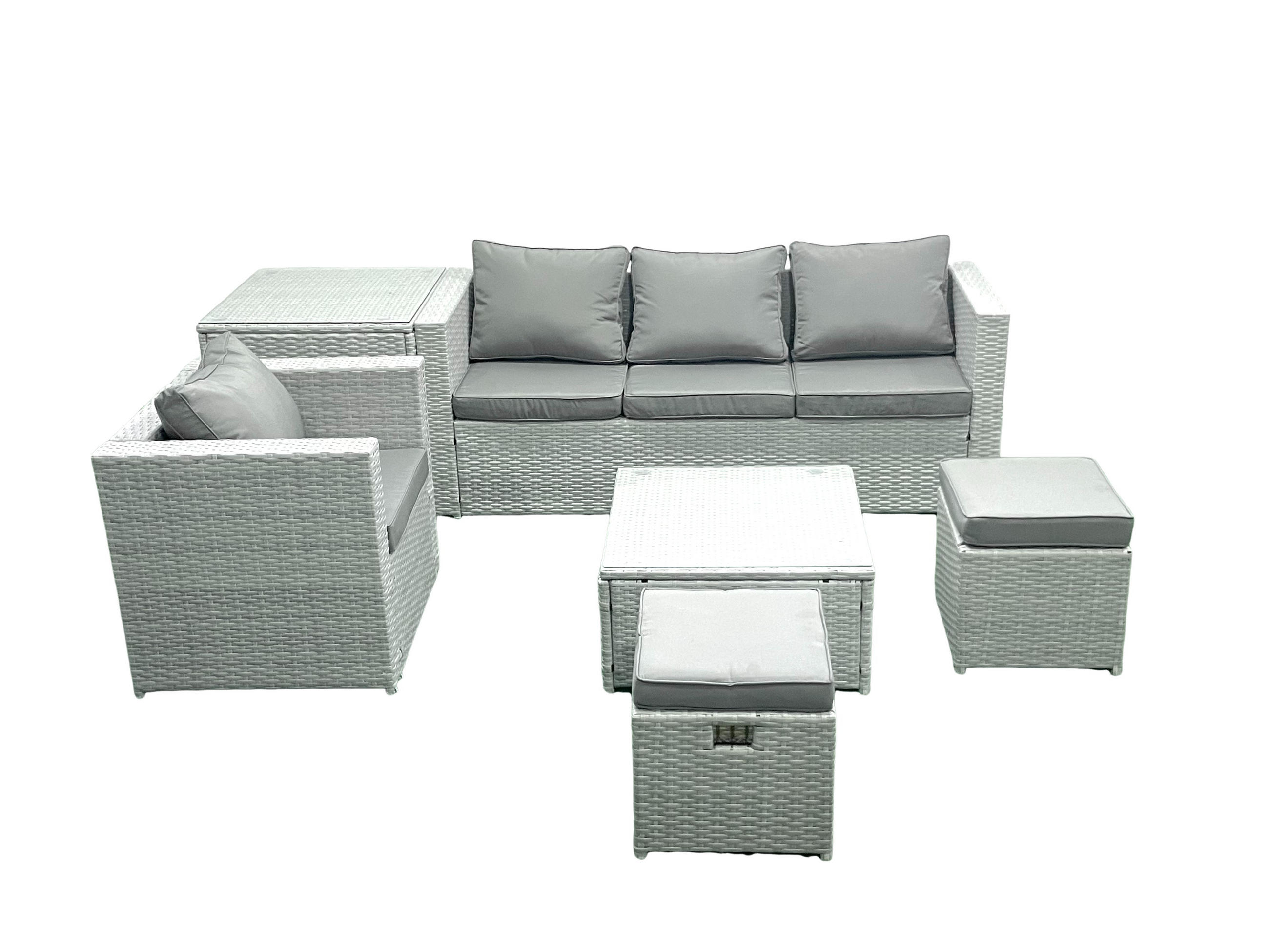 GARTENMÖBELSET mit 3-SITZER SOFA,COUCHTISCH Polyrattan Hellgrau-Mix 6-Sitzer - Hellgrau/Grau, Glas/Kunststoff - Fimous
