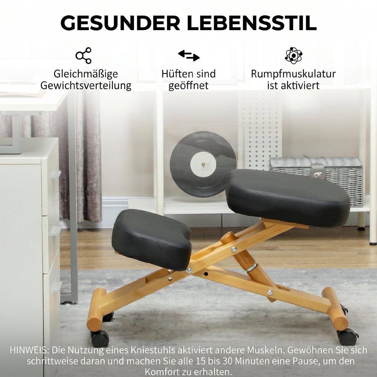 KNIESTUHL Kunstleder, Gummibaumholz Schwarz - Schwarz, Holz (42/47/70cm) - HOMCOM