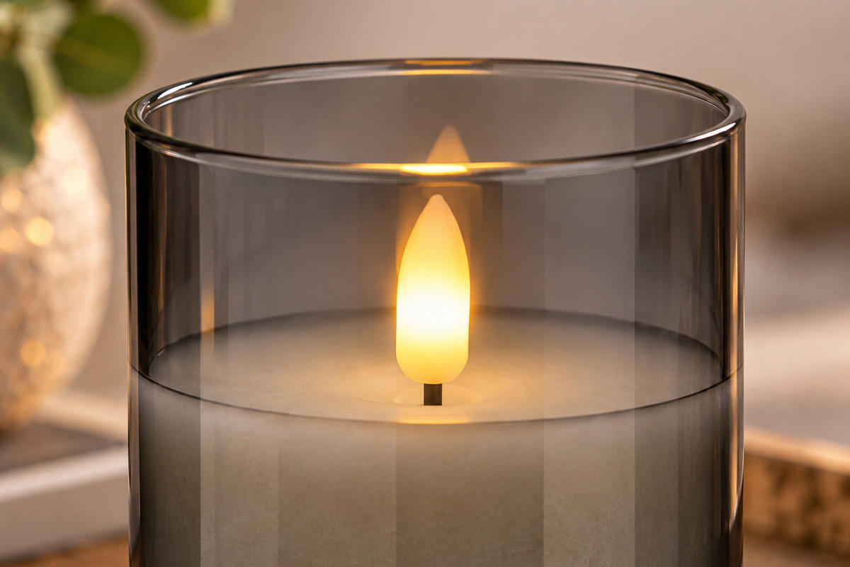 LED-KERZENSET, Glas, Grau - Grau, Glas (7.5/7.5/15cm) - dasmöbelwerk