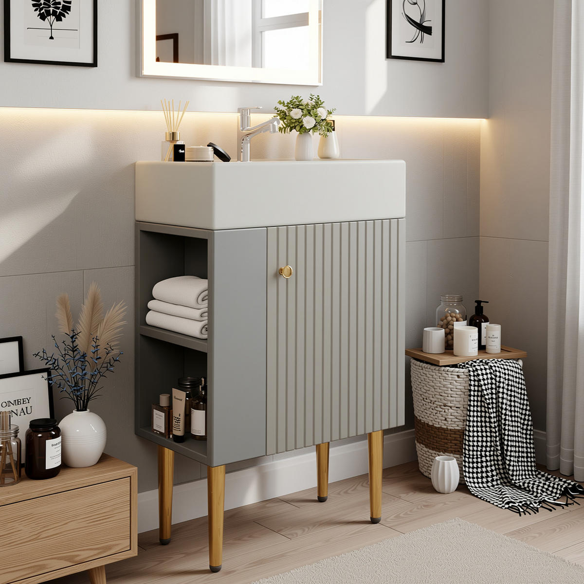 WASCHTISCHKOMBI Hellgrau mit Keramikbecken - Grau, Holzwerkstoff (55/91/31cm) - Urban Meuble