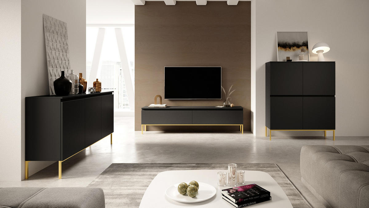 TV-SCHRANK Bemmi Schwarz mit goldenen Metallbeinen 175 cm - Goldfarben/Schwarz, Holzwerkstoff/Metall (175/46/32cm) - Selsey
