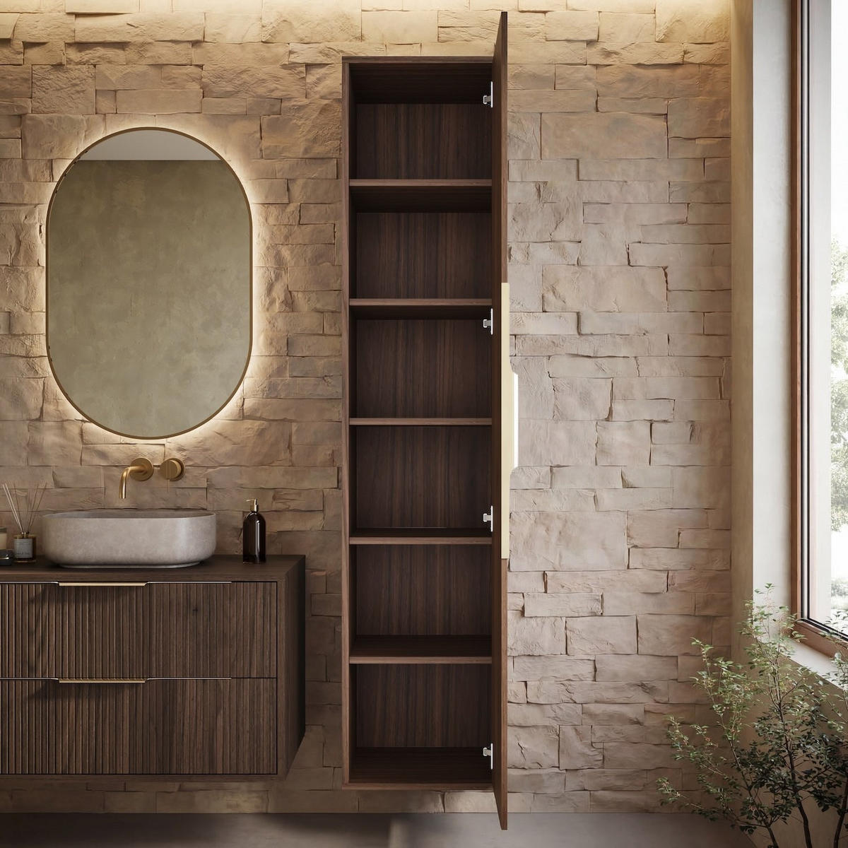 BADEZIMMERSCHRANK Rimini mit 1 Tür Walnuss Braun - 38 x 33 x 170 cm - Walnussfarben/Braun, Holz (33/170/38cm) - Badplaats