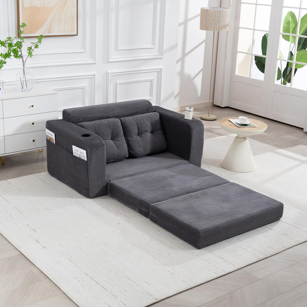 SCHLAFSOFA in Grau Cord mit Getränkehalter und Seitentaschen - Grau, Textil (136/82.5/80cm) - Oxeza