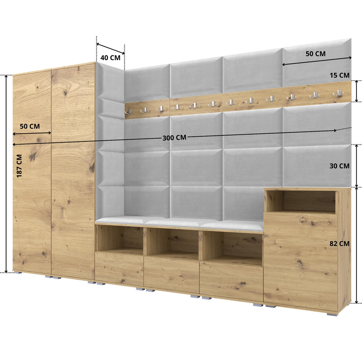 GARDEROBE NELA XII 300 cm (Modulare Flurmöbel Artisan Eiche mit Sitzpolster Hellgrau 32 Gigantisches Set) - Silberfarben/Hellgrau, Holz/Holzwerkstoff (300/187/40cm) - Ravio