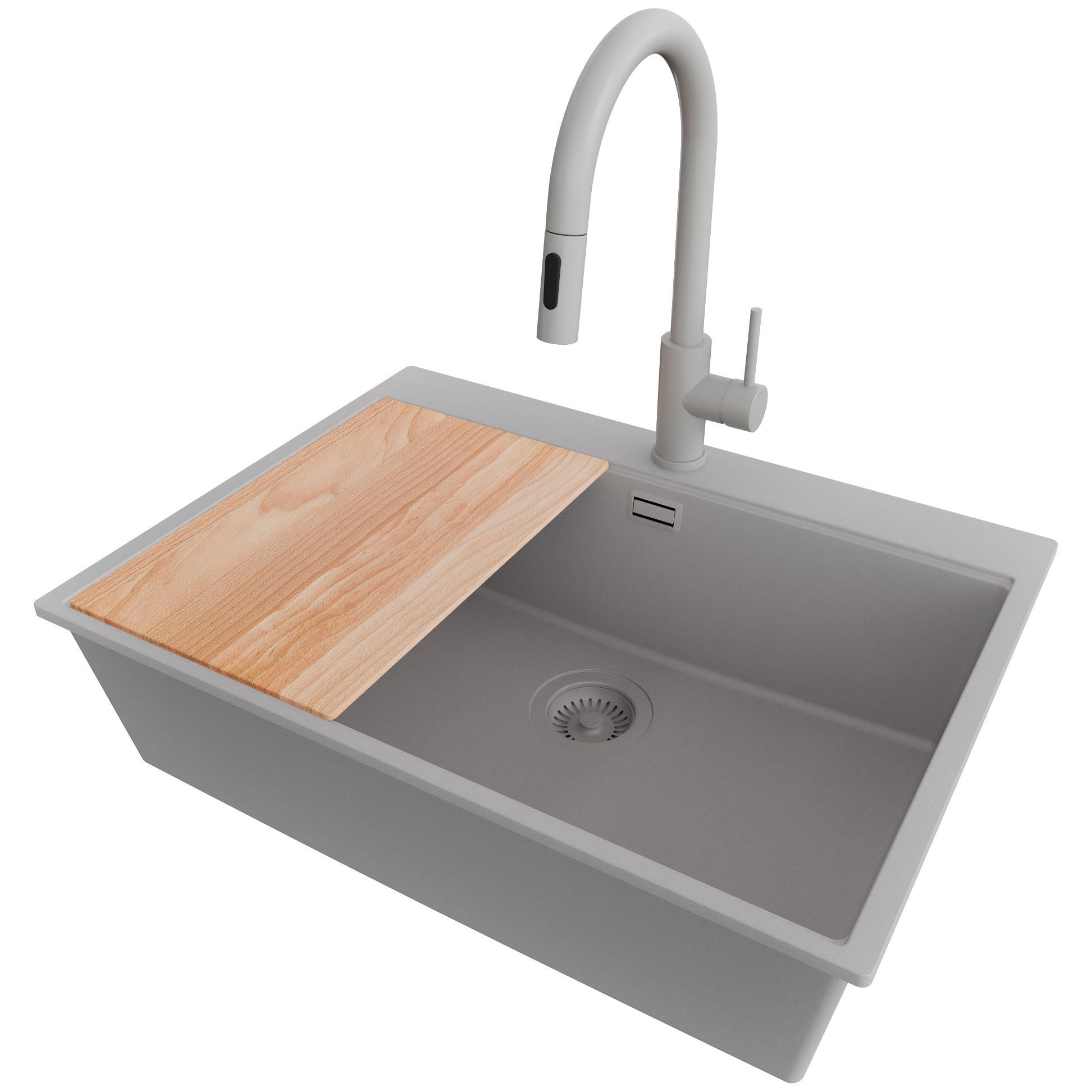 GRANITSPÜLE Oslo, 2-er set Grau 68/50 cm 1 Becken + Küchenarmatur 40/20 cm + Ablauf-Set + Schneidebrett ab 70er Unterschrank - Beige/Grau, Kunststoff (68/20/50cm) - Primagran