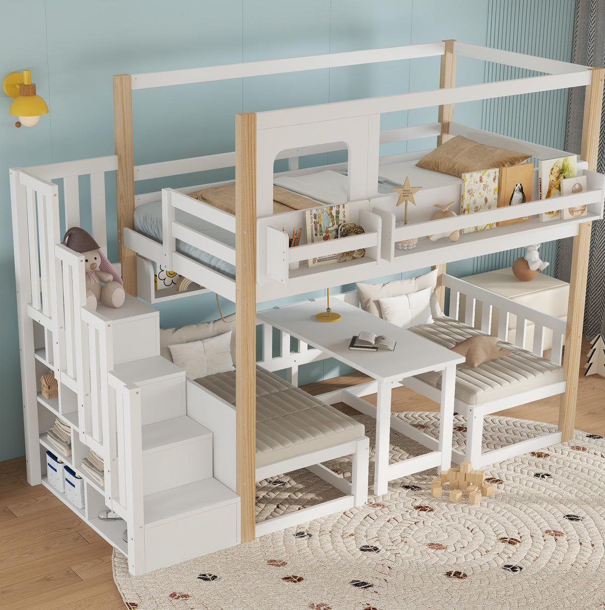 ETAGENBETT 90/200 cm in Weiß/Natur mit Aufbewahrungstreppe und Klapptisch - Weiß, Holz (90/200cm) - OKMYHOME