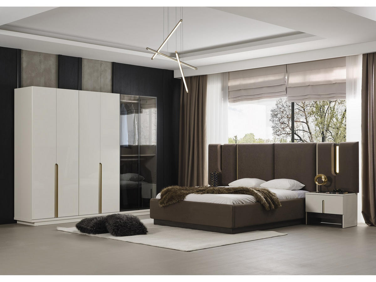 BETTANLAGE Pedro Brown Typ-1 Bett mit Kopfteil, 2 Nachttische, Kleiderschrank und Kommode - Braun, Holzwerkstoff (160/200cm)