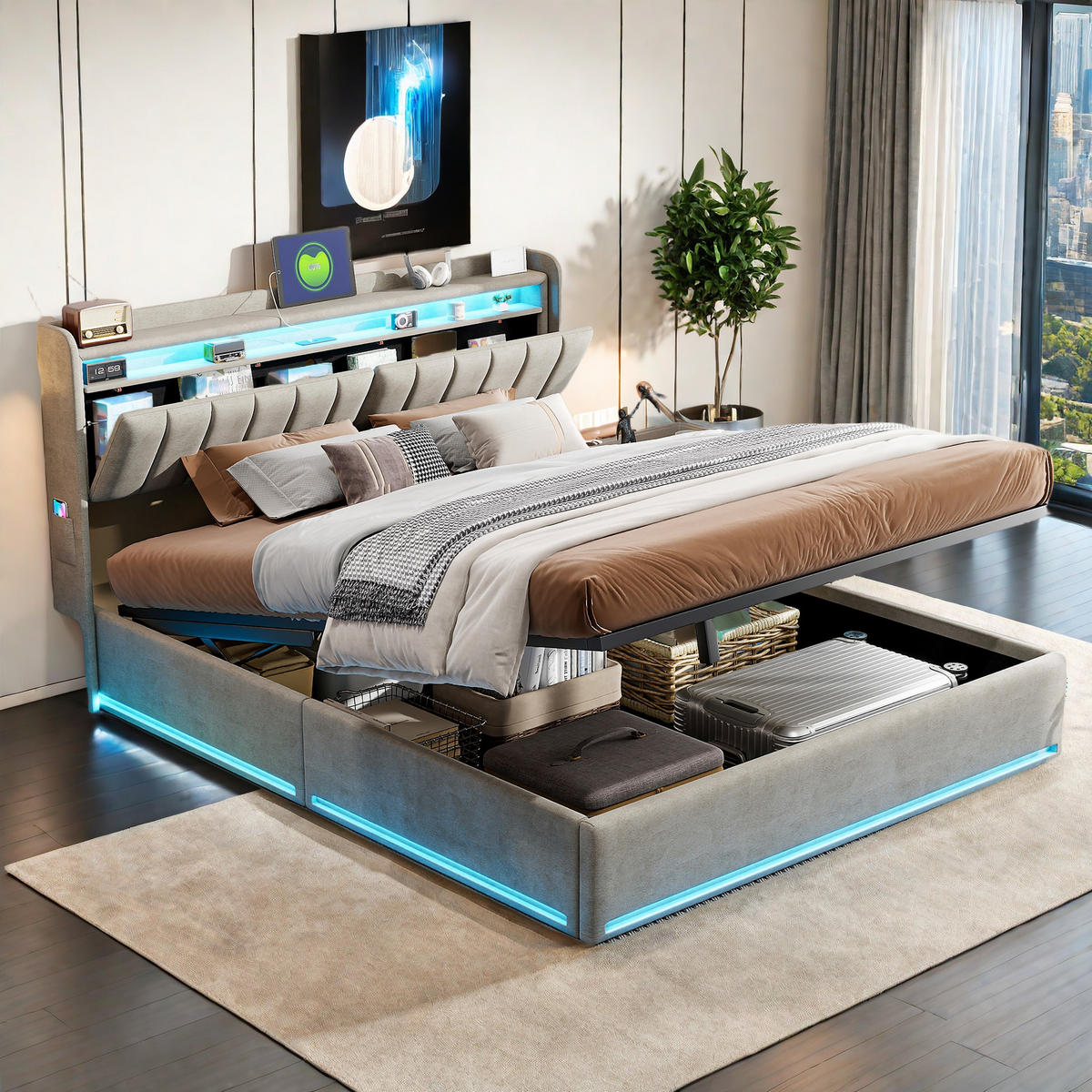 POLSTERBETT 140x200 Grau Samt LED USB - Grau, Holzwerkstoff (140/200cm) - SHOPENTRA