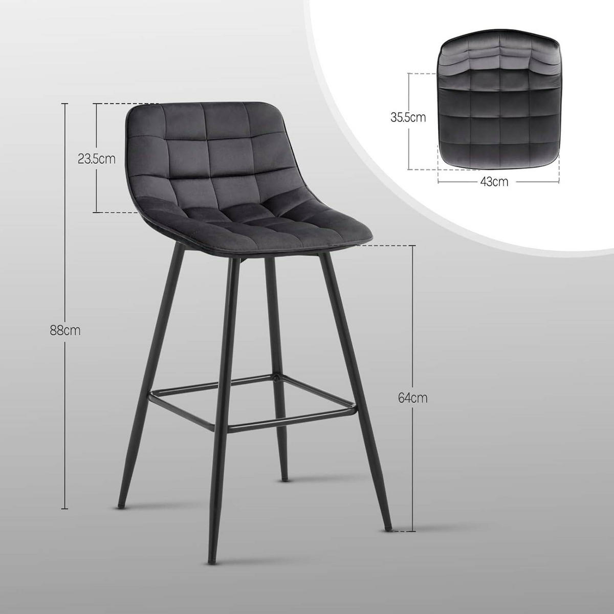 BARHOCKER 4er Set, Fußstütze, Samt, Dunkelgrau - Dunkelgrau/Schwarz, Textil/Metall (43/88/35.5cm) - Woltu