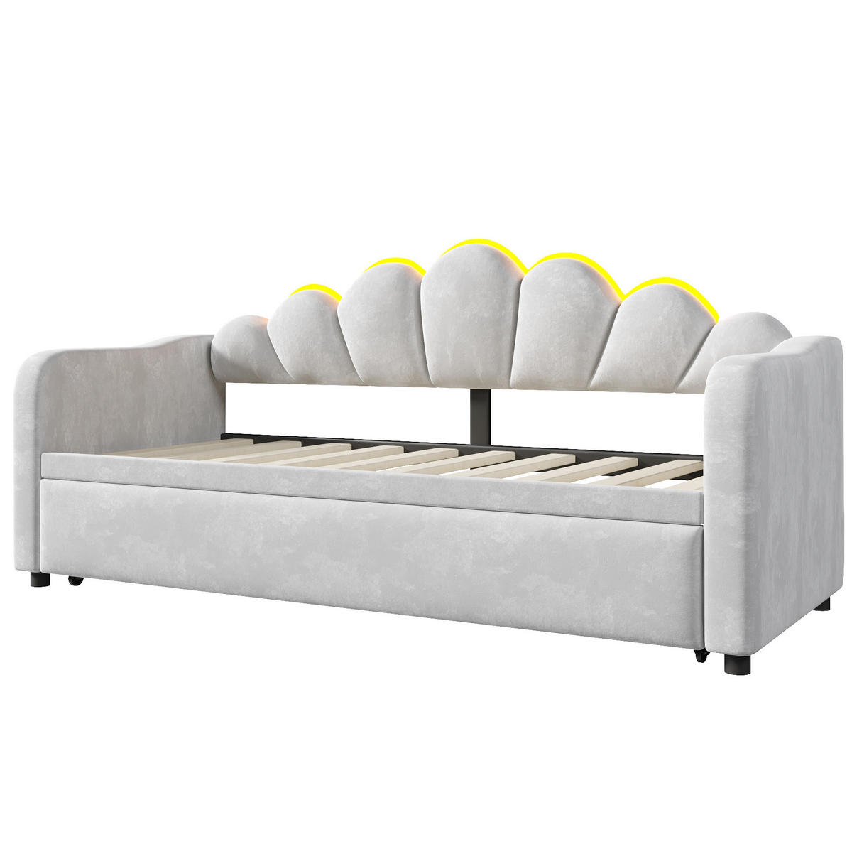 TAGESBETT 90/200 cm mit Ausziehbett, LED-Beleuchtung und Samtbezug, Grau - Grau, Textil (90/200cm) - Redom