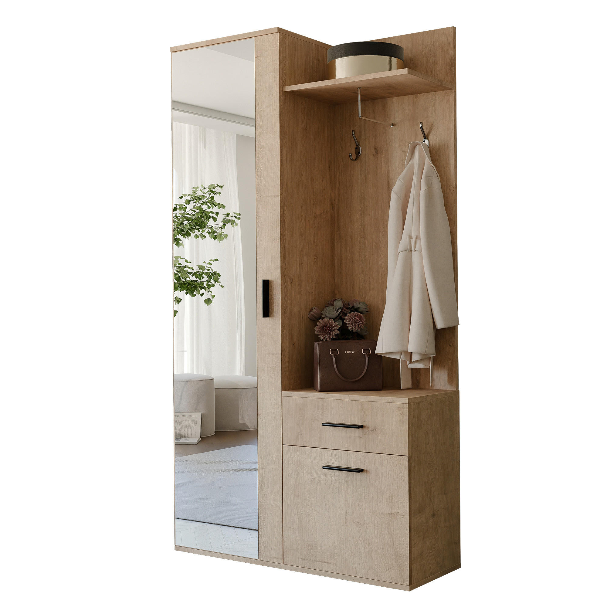 GARDEROBENSCHRANK mit Spiegel-mit Ablagen und Kleiderstange - Braun, Holzwerkstoff (97/195/30cm) - Idohome