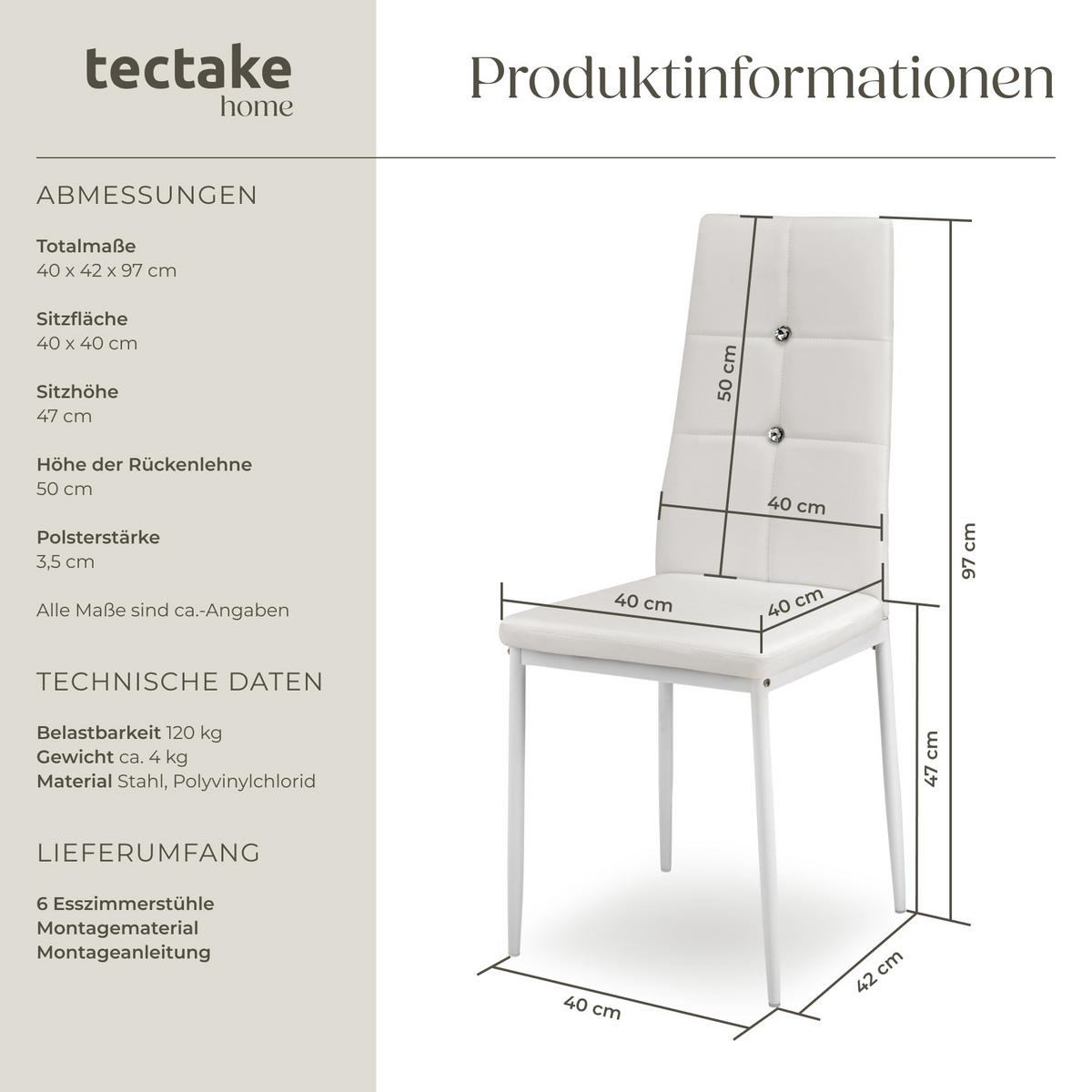ESSZIMMERSTUHL 6er Set Julien 40 x 42 x 97 cm weiß - Weiß, Textil (42/97/40cm) - tectake