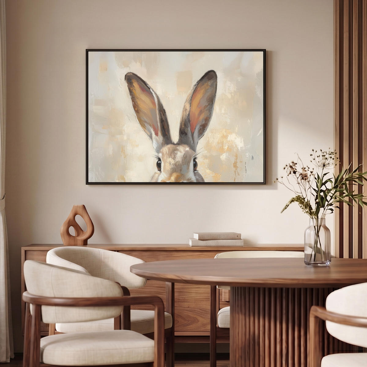 LEINWAND Bilder mit Rahmen - Hase - Ohren - Braun - 100x70 - Beige, Textil (100/70cm) - MuchoWow