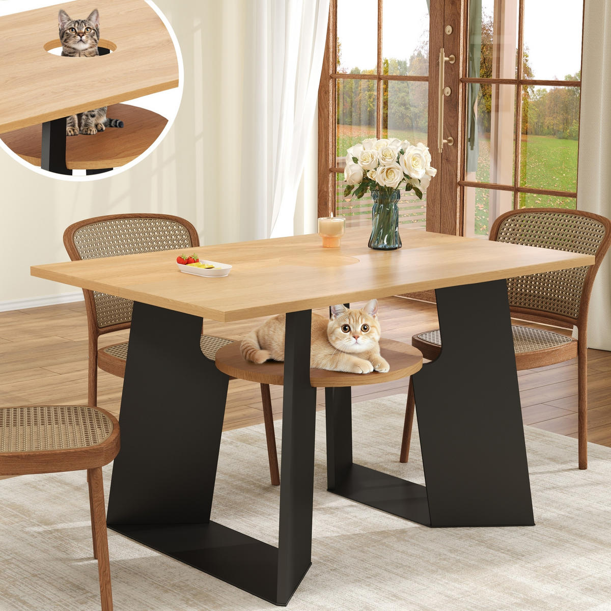 ESSTISCH in Naturholz-Schwarz Mix Küchentisch mit Haustierbereich für Küchen oder Wohnzimmer, L130/B85/H75cm - Schwarz/Naturfarben, Holzwerkstoff (85/130/75cm) - STILVORA