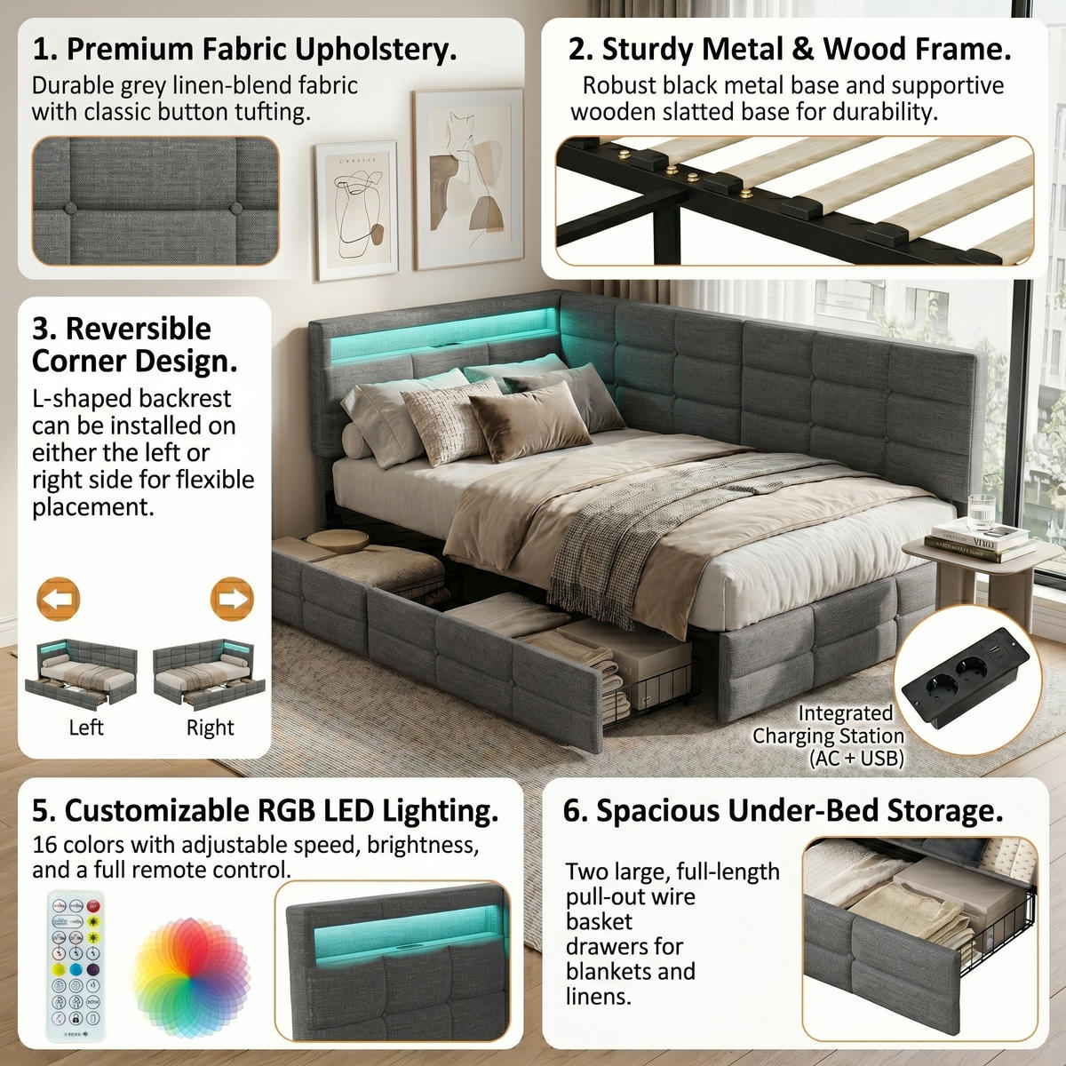 POLSTERBETT Reversibel 90/200 cm mit 2 Schubladen & RGB-LED Leinenoptik Grau - Grau, Textil (90/200cm) - Creahappy