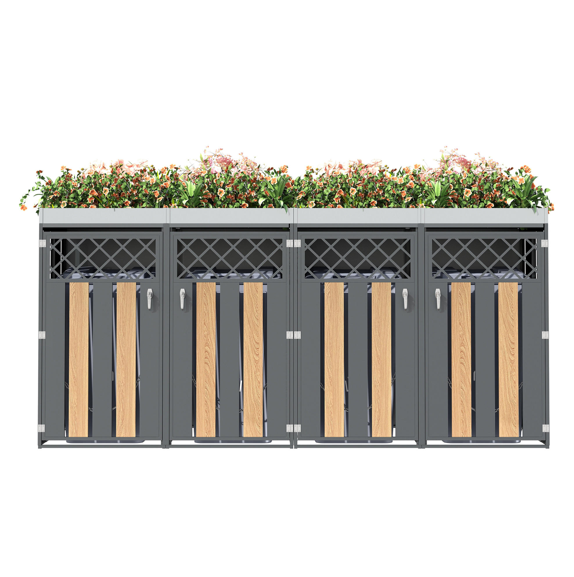 Modfu BOX na popelnice z pozinkované oceli 264x80x124 cm šedá/dekor dřeva se 4 uzamykatelnými dvířky, větráním a integrovaným truhlíkem