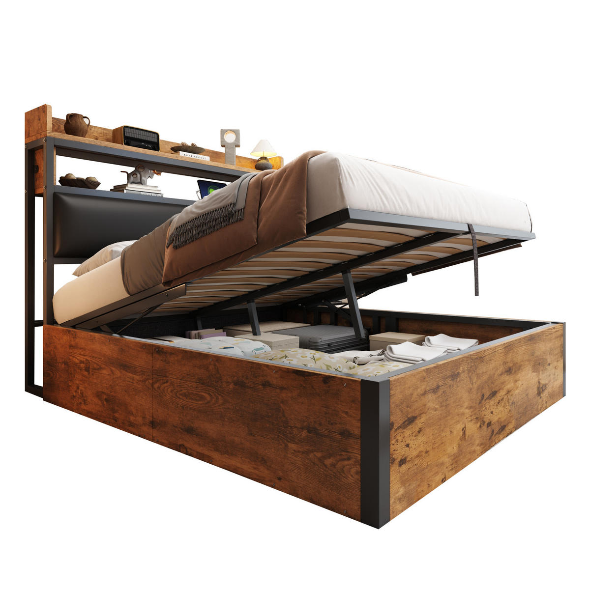 ČALOUNĚNÁ postel 180/200 cm, kov a dřevo černá, s hydraulickým úložným prostorem a USB - černá, kov (180/200cm) - BEAOK
