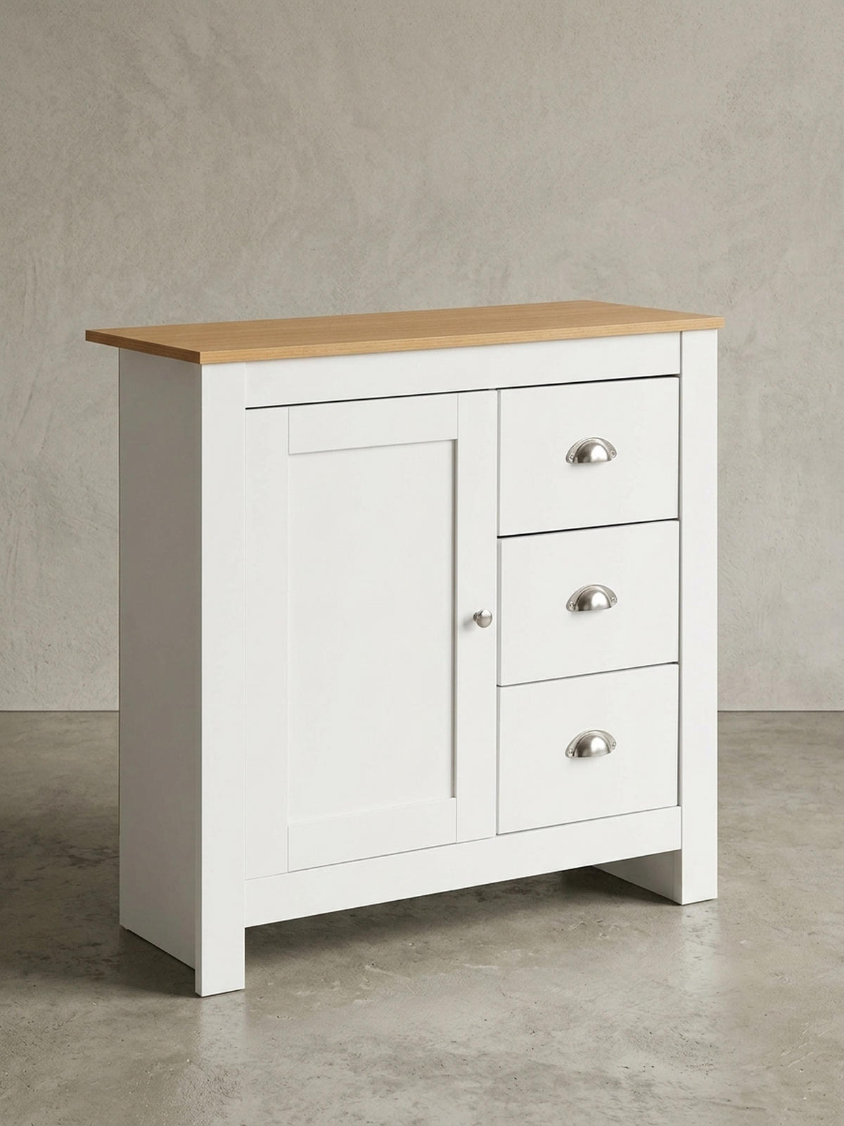 KOMMODE – Eiche-Finish, 3 Schubladen, 2 Türfächer - Weiß, Holz/Metall (79/81/35cm) - KADIMA DESIGN