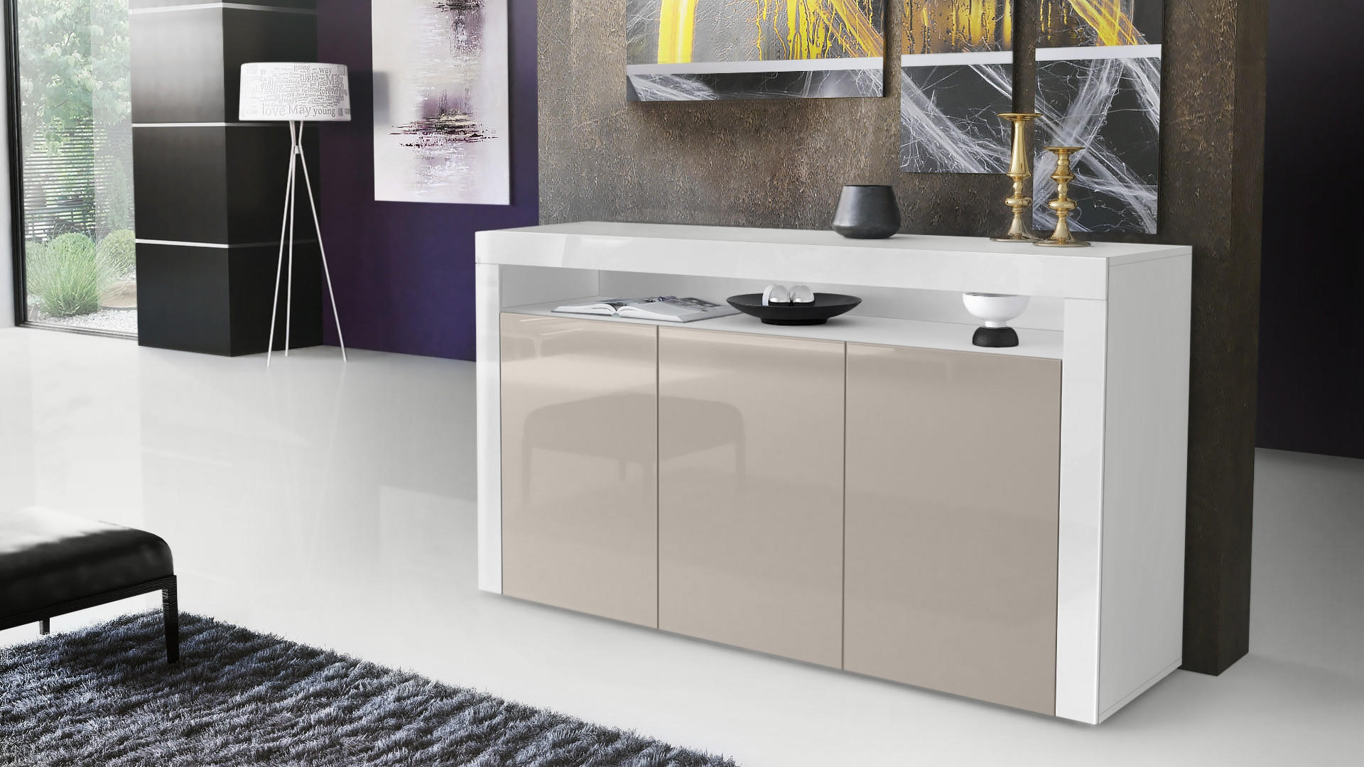 SIDEBOARD Valencia Sandgrau Hochglanz / Weiß Hochglanz - Sandfarben, Holzwerkstoff (155/92/40cm) - Vladon