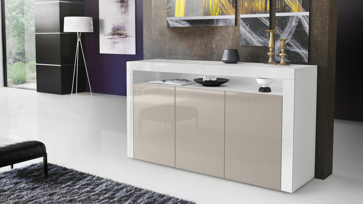 SIDEBOARD Valencia Sandgrau Hochglanz / Weiß Hochglanz - Sandfarben, Holzwerkstoff (155/92/40cm) - Vladon