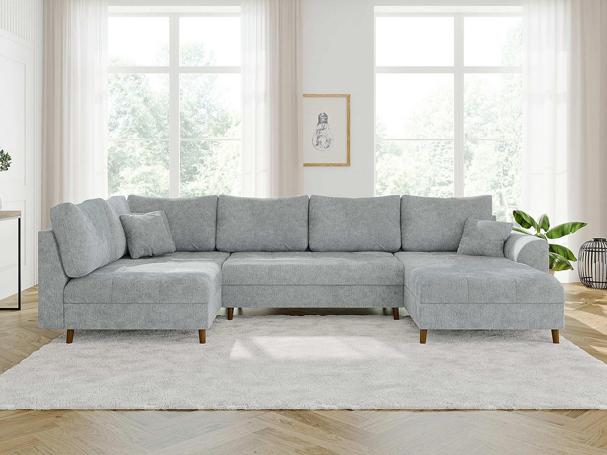 WOHNLANDSCHAFT inkl. Hocker Sigurd Hellgrau Chenille - Hellgrau/Braun, Holz/Textil (310/81/161cm) - S-Style Möbel