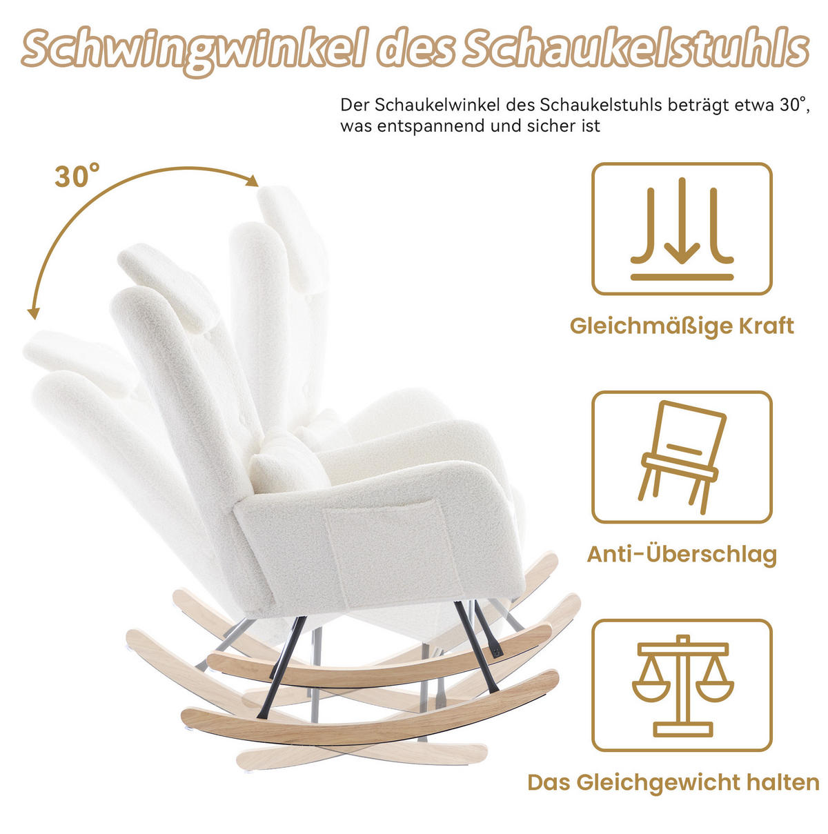 RELAX-SCHAUKELSTUHL 73/92/102 cm mit Hocker und Teddybezug – bis 100 kg belastbar - Weiß, Textil (92/102/73cm) - BEAOK