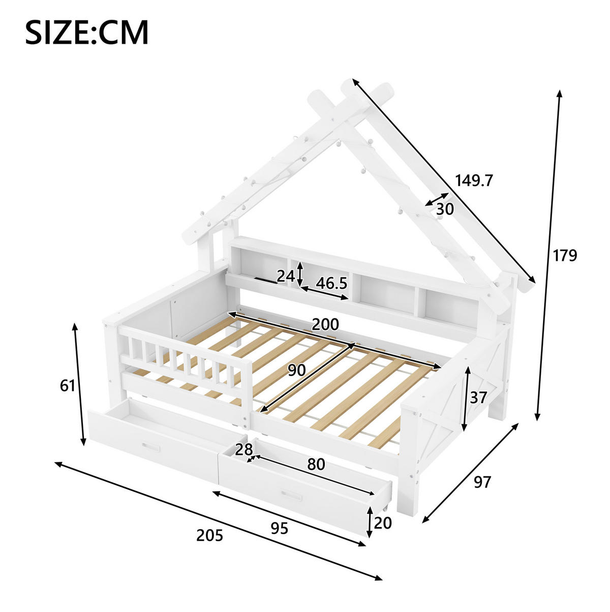 HAUSBETT 90/200 cm Weiß mit LED, Stauraum und Schubladen - Weiß, Holz (90/200cm) - MIVRAY