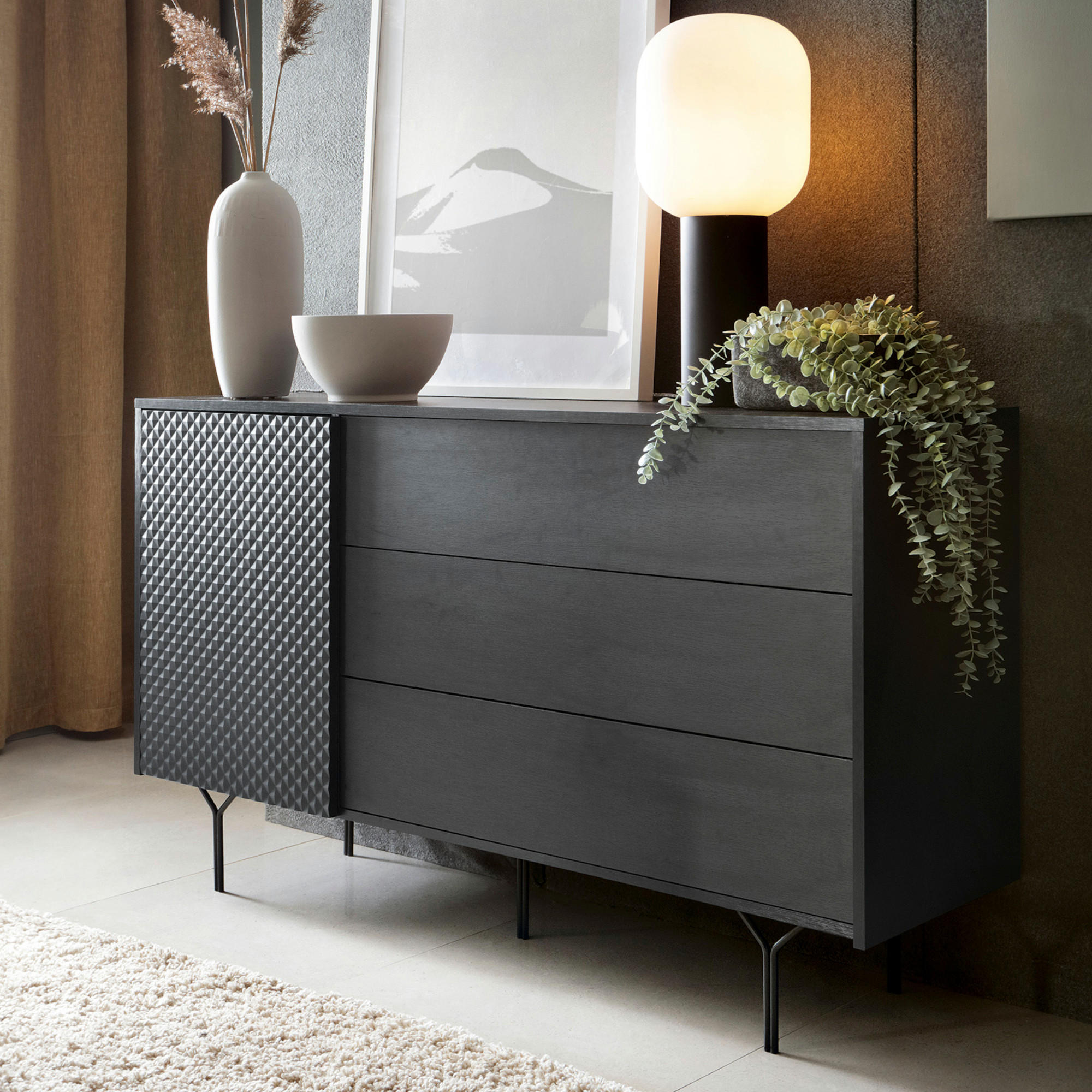 SIDEBOARD ORILLIA KOM1-1D3S Fräste Fronten, Schwarz - Schwarz, Holzwerkstoff/Kunststoff (144/83/38cm) - Komodee