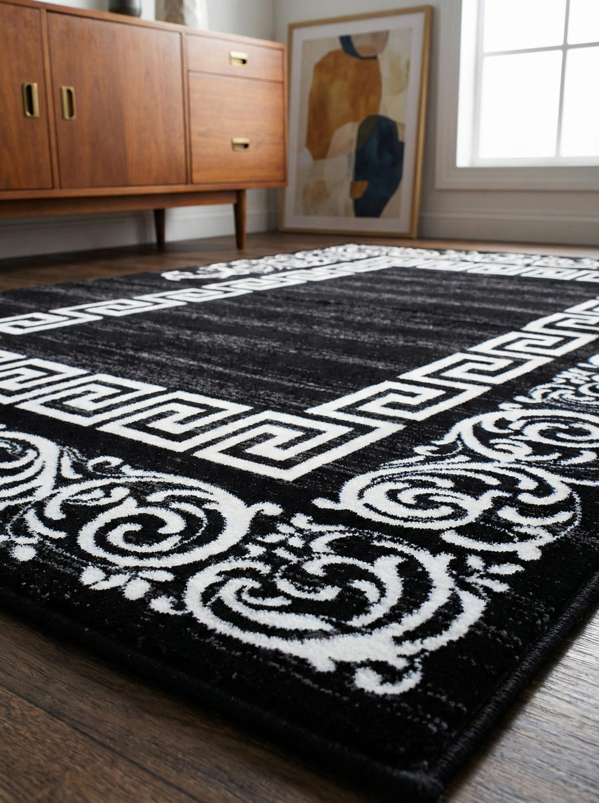 TEPPICH Kurzflor Mäander Polypropylen saugroboter Wohnzimmer Schwarz Läufer 80x150 - Schwarz, Textil (80/150cm) - KADIMA DESIGN