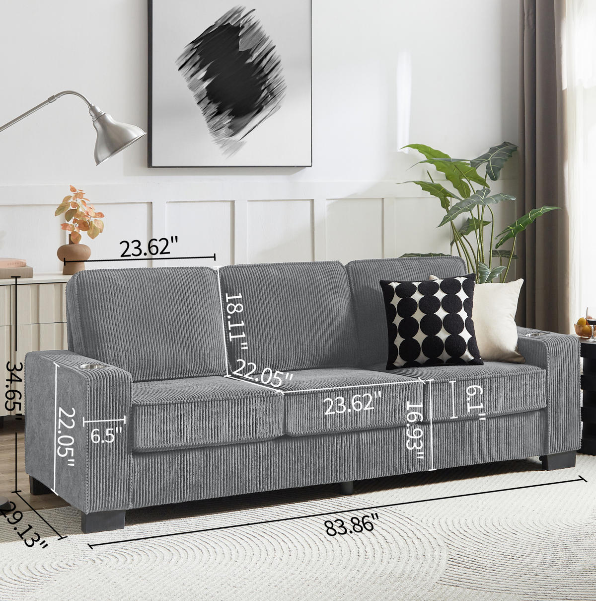 SOFA mit Getränkehaltern 206 cm Cord Grau - Grau, Holzwerkstoff (206/86/72cm) - Meubliv