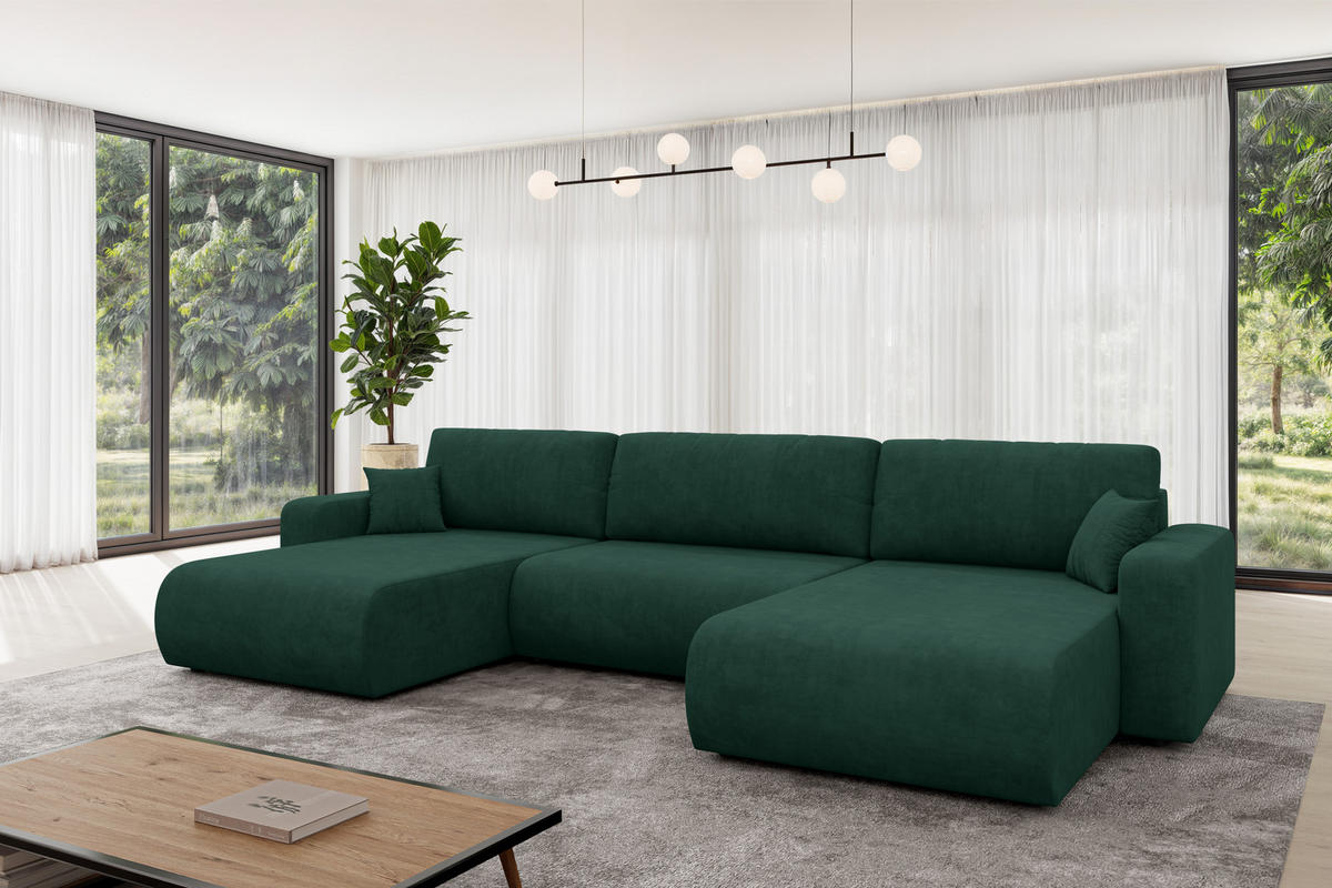 SEDACÍ SOUPRAVA DO U s funkcí spaní a úložným prostorem BERY-U 377x193x88 zelená velur - černá/zelená barva, kompozitní dřevo/textil (377/88/193cm) - ALTDECOR