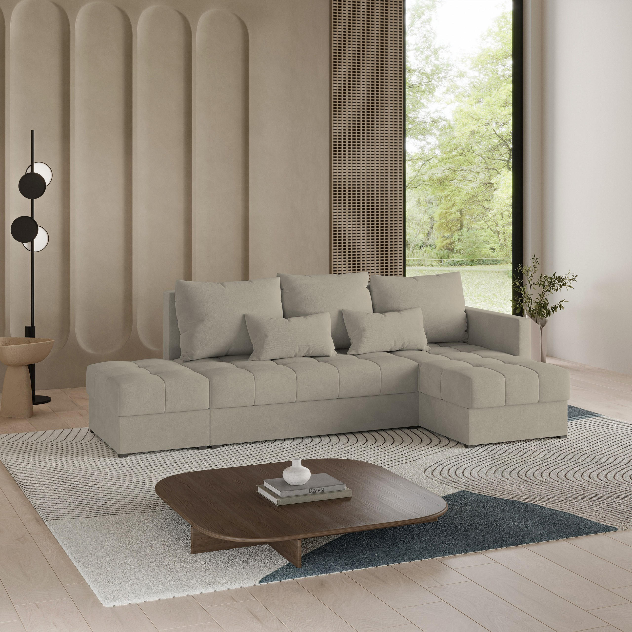 ECKSOFA LUMARI R-S Beige Plüsch-Stoff mit Schlaffunktion - Beige, Holz (262/143cm) - MASSENO