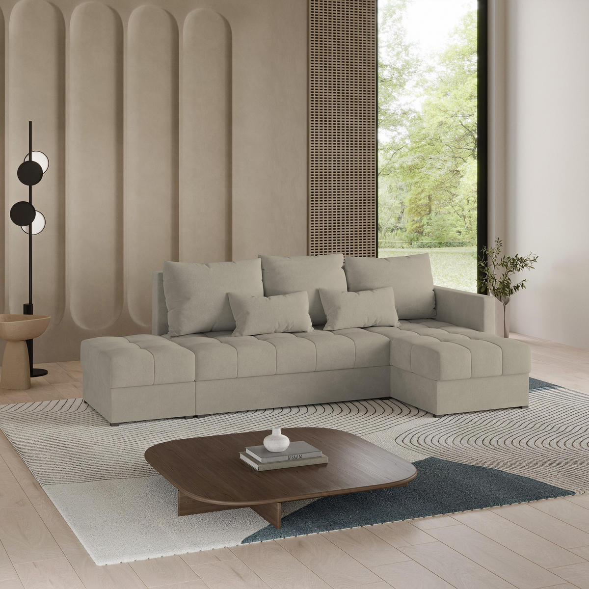 ECKSOFA LUMARI R-S Beige Plüsch-Stoff mit Schlaffunktion - Beige, Holz (262/143cm) - MASSENO