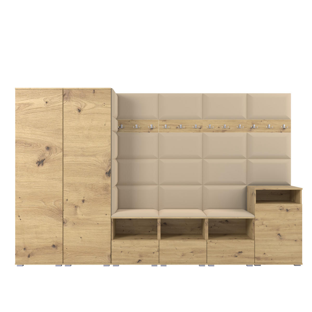 GARDEROBE NELA XII 300 cm (Modulare Flurmöbel Artisan Eiche mit Sitzpolster Beige 04 Gigantisches Set) - Beige/Silberfarben, Holz/Holzwerkstoff (300/187/40cm) - Ravio