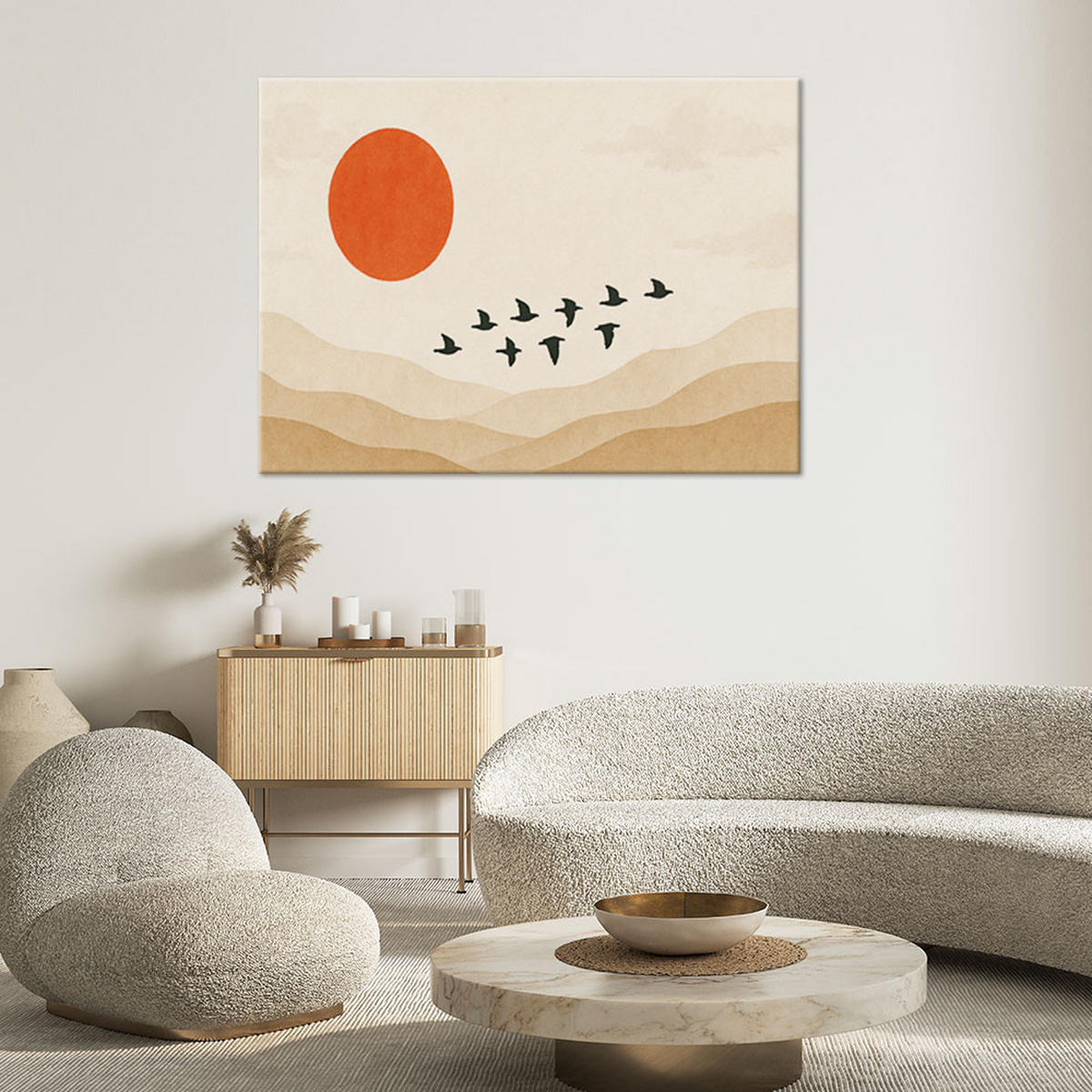 LEINWANDBILD Landschaft Vögel Abstraktion 120x80cm - Beige, Textil (120/80cm) - Feeby
